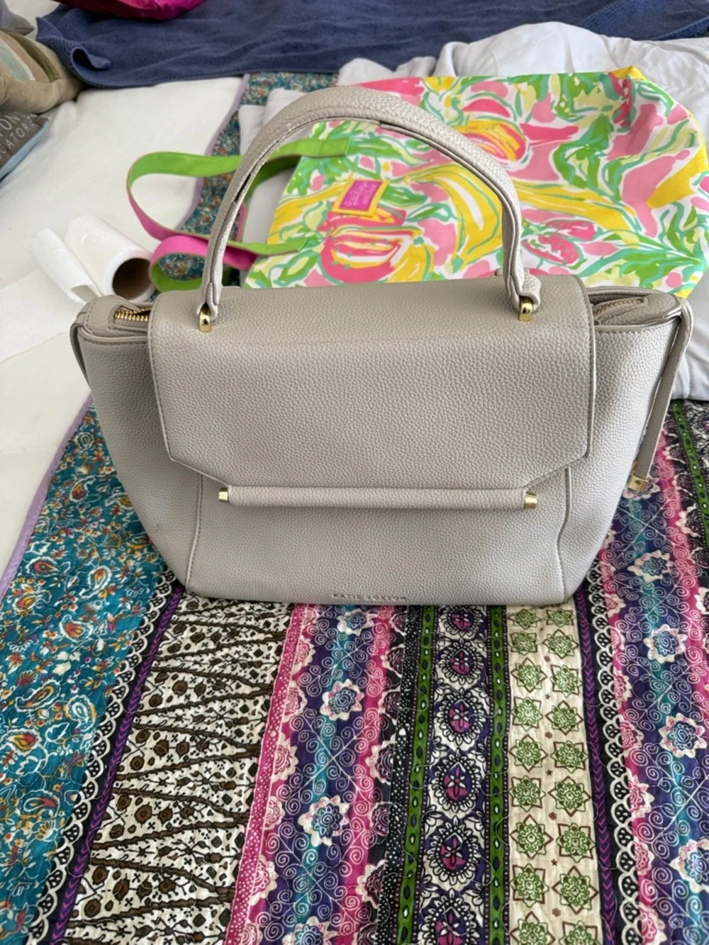 Structured Pebbled Satchel in Light Taupe. Missing strap